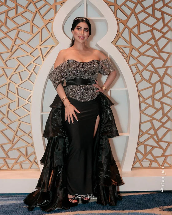 Off The Shoulder Dress With Layered Train