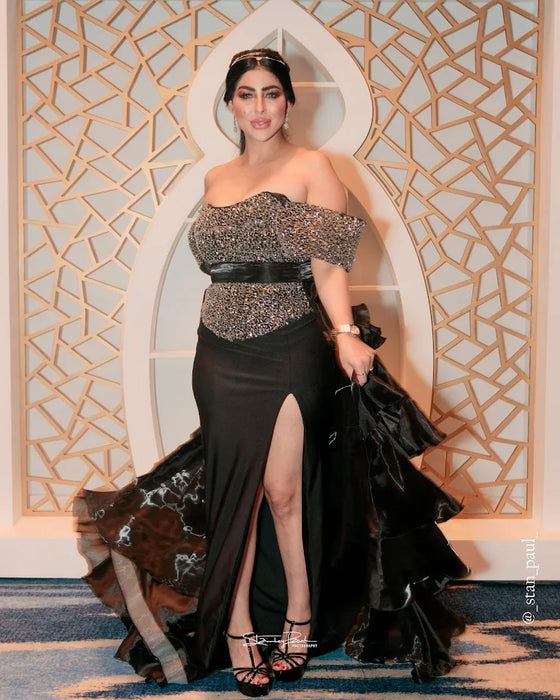 Off The Shoulder Dress With Layered Train